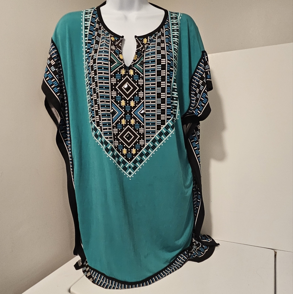 Dana Buchman Teal and Black Geometric Top